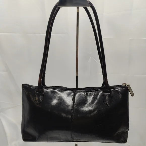 Vintage HOBO INT. Lola Tote Bag Black polished leather / brown wear highlights - Picture 6 of 10